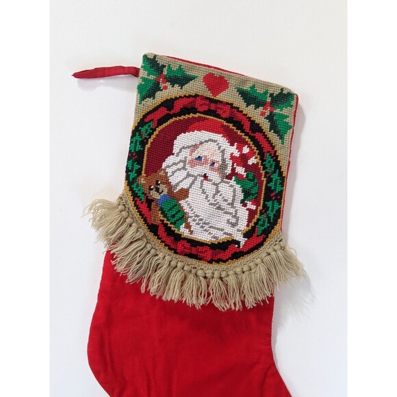 Vintage Needlepoint Santa Stocking Fringe Red Velvet Back Teddy Bear Christmas - Picture 2 of 6